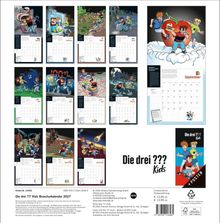 Kalendermotive von Januar bis Dezember mit Illustrationen der "Die drei ??? Kids". Enthält Poster und Titel "Die drei ??? Kids".