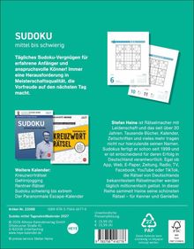 "SUDOKU mittel bis schwierig. Tägliches Sudoku-Vergnügen für erfahrene Anfänger und anspruchsvolle Könner." In der Mitte: Ein Sudoku-Kalender mit Rätsel und Text über Stefan Heine. Unten: Weitere Kalender wie Kreuzworträtsel.