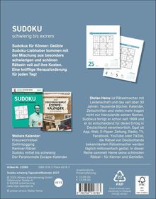 "SUDOKU schwierig bis extrem. Sudokus für Könner: Geübte Sudoku-Liebhaber kommen mit der Mischung aus besonders schwierigen und schönen Rätseln voll auf ihre Kosten. Eine knifflige Herausforderung für jeden Tag!" Unten Hinweise auf Kalender und Preisangaben, rechts Sudoku-Seiten.