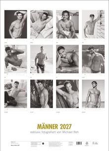 MÄNNER 2027, exklusiv fotografiert von Michael Reh. Kalenderblätter mit Schwarz-Weiß-Fotografien von Männern, Januar bis Dezember.