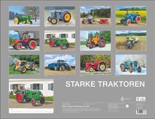 "STÄRKE TRAKTOREN" in Weiß auf grauem Hintergrund. Verschiedene historische Traktoren, jeweils einem Monat zugeordnet.