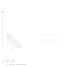 Text: "Januar"
"01.01. Neujahr, 06.01. Heilige Drei Könige"
Illustration: Schmetterling links.