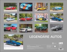 Auf grauem Hintergrund sind zwölf Fotos legendärer Autos für jeden Monat und der Text "LEGENDÄRE AUTOS" zentriert angeordnet.