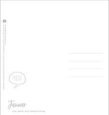 „Januar: 01.01. Neujahr, 06.01. Heilige Drei Könige.“ Sprechblase mit „YES!“ und Linien auf einer Postkartenrückseite.