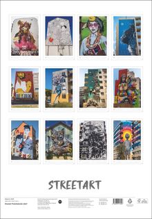 Texte: "MORE LOVE", "AMBIVALENZ", "STREETART". 
Kunstwerke: Zwölf Bilder mit urbaner Streetart auf Gebäuden.