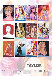Mehrere farbenfrohe Illustrationen einer Sängerin. Unten der Schriftzug "TAYLOR". Kalenderlayout mit unterschiedlichen Ausdrucksformen.