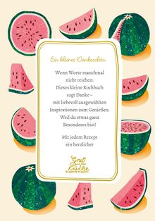 Text: "Ein kleines Dankeschön... Mit jedem Rezept ein herzlicher Gruß aus der Küche." Illustrationen von Wassermelonenstücken.