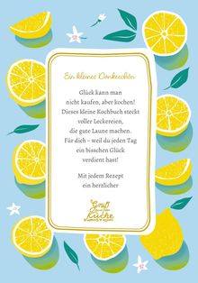 Ein Dankeschön: Glück kann man nicht kaufen, aber kochen! Umgeben von gelben Zitronenscheiben und grünen Blättern.