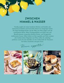 "Zwischen Himmel & Wasser", "Buon appetito!". Illustration mit Zitronen und drei Fotos von italienischen Gerichten.