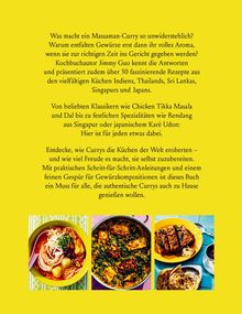 Text über Jimmy Guos Curry-Rezepte mit über 50 Gerichten aus Asien. Drei bunte Essensfotos unten auf gelbem Hintergrund.