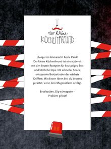 Ein stilisiertes Logo mit einem Kochhut. Text: "Der kleine Küchenfreund". Humorvoller Text über Brotbacken und Dips.