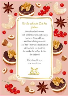 Text: "Für die schönste Zeit des Jahres... Mit jedem Rezept ein herzlicher Gruß aus der Küche." Dekoration: Nüsse und Gewürze.
