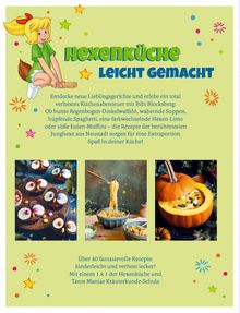 "Hexenküche leicht gemacht" in großen, bunten Buchstaben. Illustration zeigt ein Mädchen auf einem Besen mit Rezeptbildern.