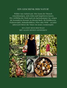 EIN GESCHENK DER NATUR! Bilder von Wald, Frau mit Kanne, Hand mit Eis, gebratenes Fleisch und Gericht in Schale.
