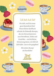 "Ich hab dich lieb! Für dich, weil du etwas ganz Besonderes bist!" Illustration mit Tasse, Kuchen, Macarons, Beeren.