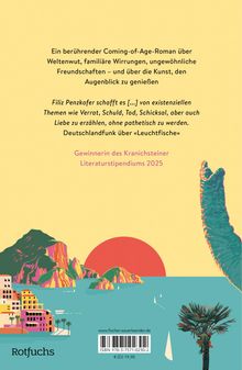 Ein Roman über Weltenwut, Freundschaften und die Kunst, den Augenblick zu genießen. Illustration mit Sonne und Küstenort.