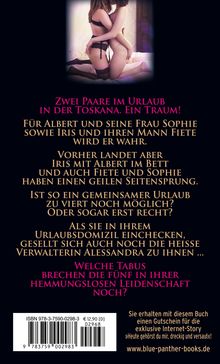 Zwei Frauen in Dessous umarmen sich auf einem Bett. Text beschreibt eine erotische Urlaubsstory zweier Paare in der Toskana.
