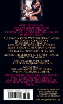 Eine Frau in schwarzem Kleid sitzt in einer eleganten Umgebung. Texte beschreiben ein erotisches Buchszenario.