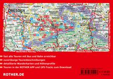 Karte von Dresden und Umgebung mit Wanderwegen; Text: "fast alle Touren mit Bus und Bahn erreichbar", "ROTHER.DE".