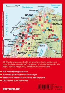 Karte mit Wandergebieten in Lappland, von Norge bis Suomi. Zahlreiche Orte und Routen nummeriert. Werbung für Wanderführer.