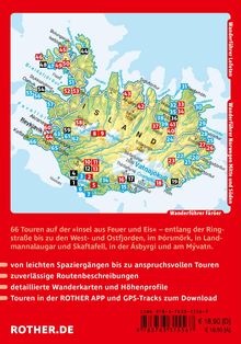 66 Touren auf der »Insel aus Feuer und Eis« mit Karte von Island; Text über Wanderrouten und ein Logo von Rother.de.