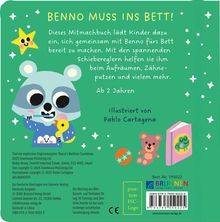 „BENNO MUSS INS BETT!“ Ein Mitmachbuch, um Kinder ab 2 Jahren fürs Bett zu rüsten. Illustration eines Waschbären.