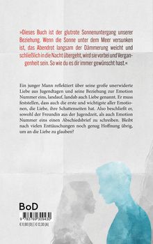 „Dieses Buch ist der glutrote Sonnenuntergang unserer Beziehung…“; Silhouetten von Frau und Mann in kühlen Farbtönen.