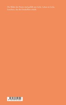Text: „Die Bilder der Poesie sind gefüllt mit Licht. Leben ist Licht, Leuchten, das die Dunkelheit erhellt.“ Hintergrund: orange.