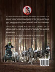 Ein roter Rahmen enthält eine Frau mit rotem Hut. Ein Junge erlebt Abenteuer im Huskycamp. Unten laufen Huskys im Wald.