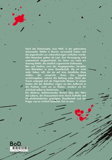 Text über eine dystopische Welt, in der alte Menschen als Last gelten. Rote Spritzer und schwarze Striche auf grünem Hintergrund.