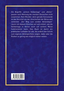 Text über sichere Geldanlage und Aktien, praktischer Leitfaden für ein solides Aktiendepot. Blauer Hintergrund mit goldener Linie.