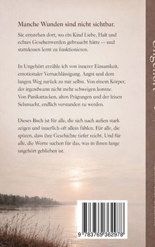 "Manche Wunden sind nicht sichtbar." Text über emotionale Vernachlässigung. Unten Sonnenuntergang über einem See mit Barcode.
