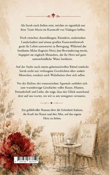 Text über Sarahs Reise nach Italien, Kunstwettbewerb, mysteriöse Entdeckungen. Illustration: Tisch, Stuhl, Blumen.
