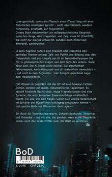 Ein Text beschreibt ein Buch über Gespräche mit KI, das tiefgründig und ernsthaft wichtige Themen unserer Zeit behandelt. Im Hintergrund ist eine futuristische Stadt zu sehen.