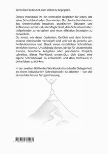 Ein Text beschreibt ein Workbook gegen Schreibblockaden. Unten ist eine Zeichnung von einer Figur auf einem Berggipfel.