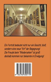Ein Zitat über Porträts und Wiedersehen. Darunter ein Barcode und ein Foto eines Museumskorridors mit Gemälden.