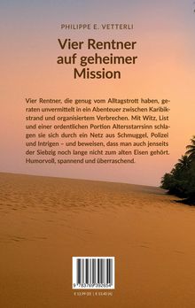 "Vier Rentner auf geheimer Mission" von Philippe E. Vetterli. Sandstrand bei Sonnenuntergang, ruhiges Meer, Palmblätter rechts.