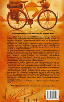 "Freidurchatmen – Eine Radreise zur eigenen Seele" oben. Gefolgt von einem Fahrrad vor einem orangen Hintergrund mit einer Brücke.