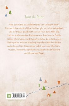 „Tour de Ruhr“ in grün, gefolgt von einem Text über die Erkundung der Ruhr von Sauerland bis zum Ruhrgebiet. Kleine bunte Symbole.