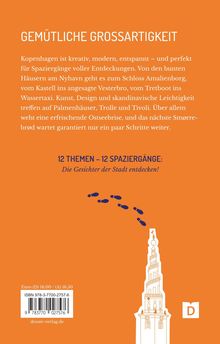 Orange Hintergrund, Text über Kopenhagen, blau-weiße Fußspuren, Illustration eines Turms unten rechts.