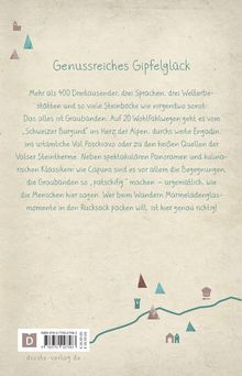"Genussreiches Gipfelglück" steht im Zentrum. Darunter ein Text über Graubünden. Hintergrund mit simplen, bunten Symbolen.