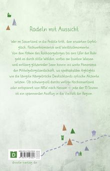 "Radeln mit Aussicht" beschreibt Highlights im Sauerland. Illustrationen zeigen Berge, Turm und Wege. Droste Verlag Logo.