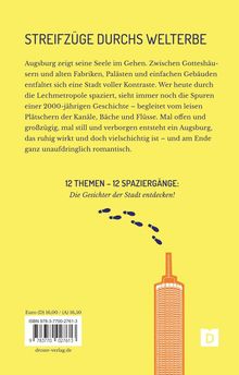 "STREIFZÜGE DURCHS WELTERBE" mit Text über Augsburgs Geschichte, Kontraste und Spaziergänge. Unten ein Turm und Fußabdrücke.