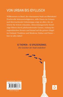 Orangefarbener Hintergrund mit Text über Basel, 12 Spaziergänge und Fußabdruck-Symbol. Unten eine stilisierte Turmsilhouette.