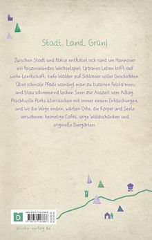Verspielte Illustration mit Text: "Stadt, Land, Grün!". Symbole: Bäume, Turm, Gebäude auf beigem Hintergrund. Droste-Verlag unten.