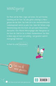 Auf blauer Fläche: Text über Mainz, Wein und Glück. Unten ein Anhänger mit "Fahr hin & werd glücklich". Weinflasche und Glas.