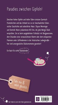 Text: "Paradies zwischen Gipfeln!" Beschreibung von Garmisch-Partenkirchen mit Illustrationen von Pfannkuchen und einem Anhänger.
