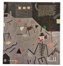 Text beschreibt Künstlerin Suzanne Aalan. Fantasievolles Gemälde mit bunten geometrischen Formen, Clown und Tierfiguren.