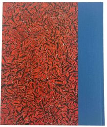 Eine rote, zerklüftete Oberfläche neben einem blauen, strukturierten Streifen.