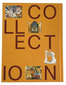 Text: "COLLECTION" in großen, roten Buchstaben. Vier Kunstbilder verteilen sich auf orangefarbenem Hintergrund.